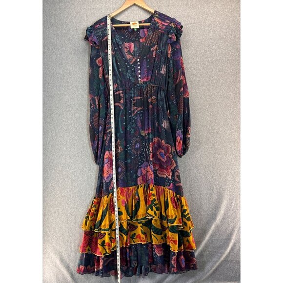 Farm Rio Small Boho Floral Long‎ Sleeve Maxi Dress Ruffles River Creatures FLAW - Picture 11 of 16